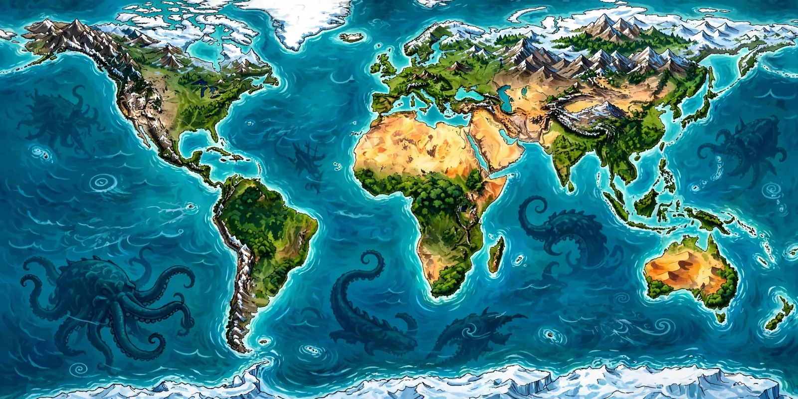 The game's painted world map with the ten coasts of the campaign