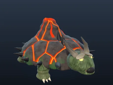 The Volcano Turtle, a giant turtle with a cracked volcanic shell glowing with lava