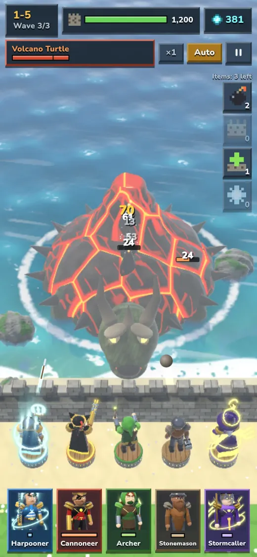 Battle against the Volcano Turtle: five heroes on the beach behind the sea wall