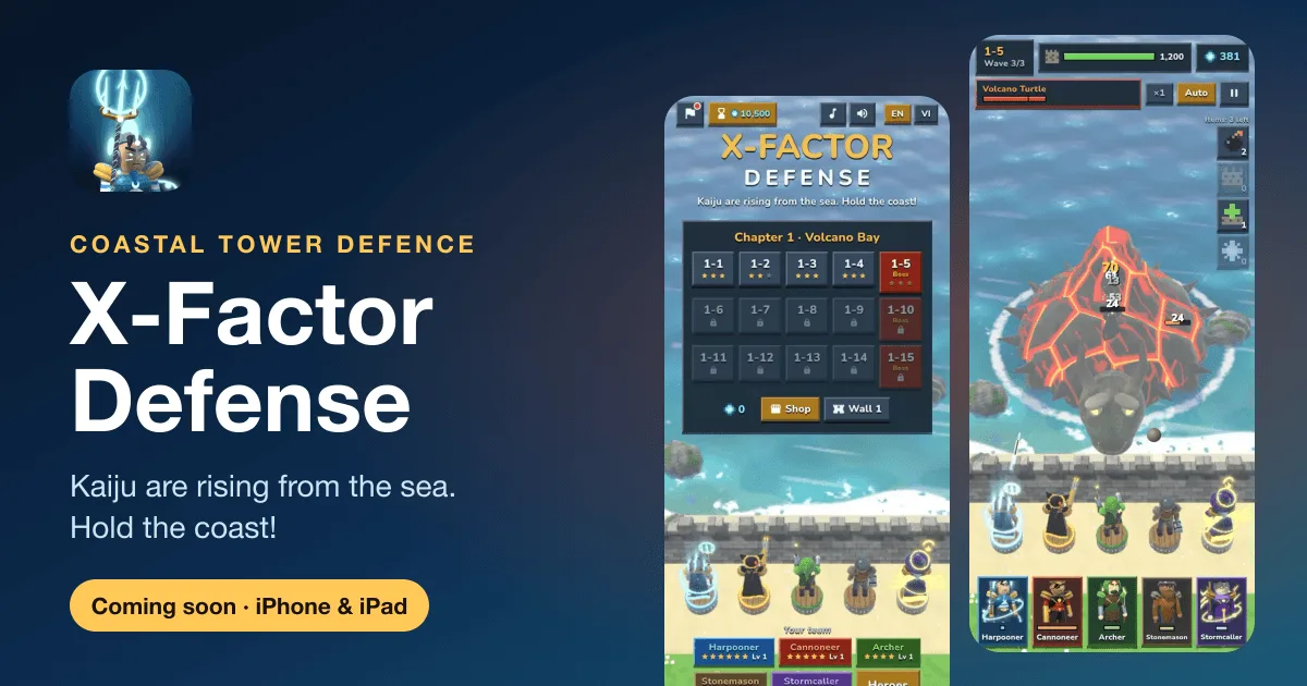 X-Factor Defense: màn hình chính và trận đánh boss Rùa Núi Lửa
